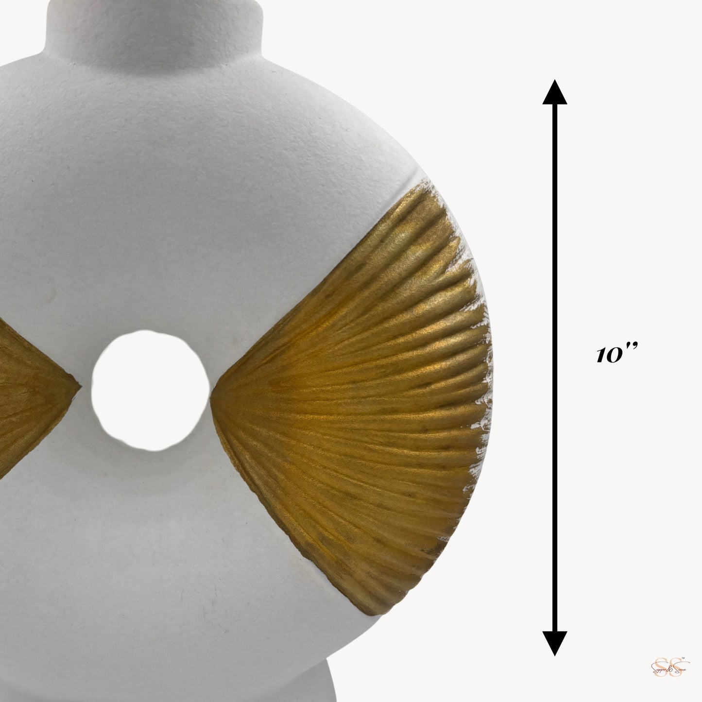 modern black-and-gold ceramic statement vase with sculpted fan motifs and a donut silhouette, shown in a 10-inch size by Supper & Scene.