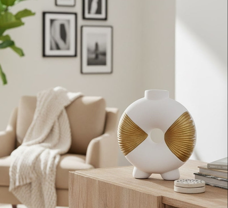 decorative black and gold vase on a wooden table in a living room setting by supper and scene.