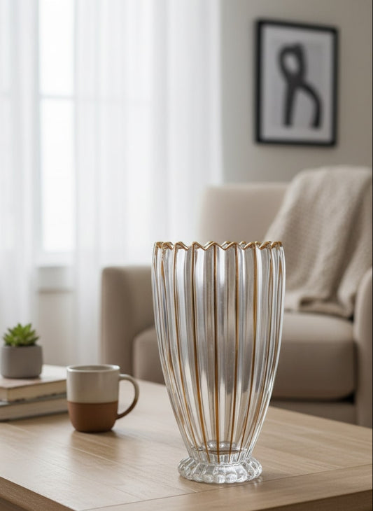 Decorative glass vase on a wooden table in a living room setting by supper and scene