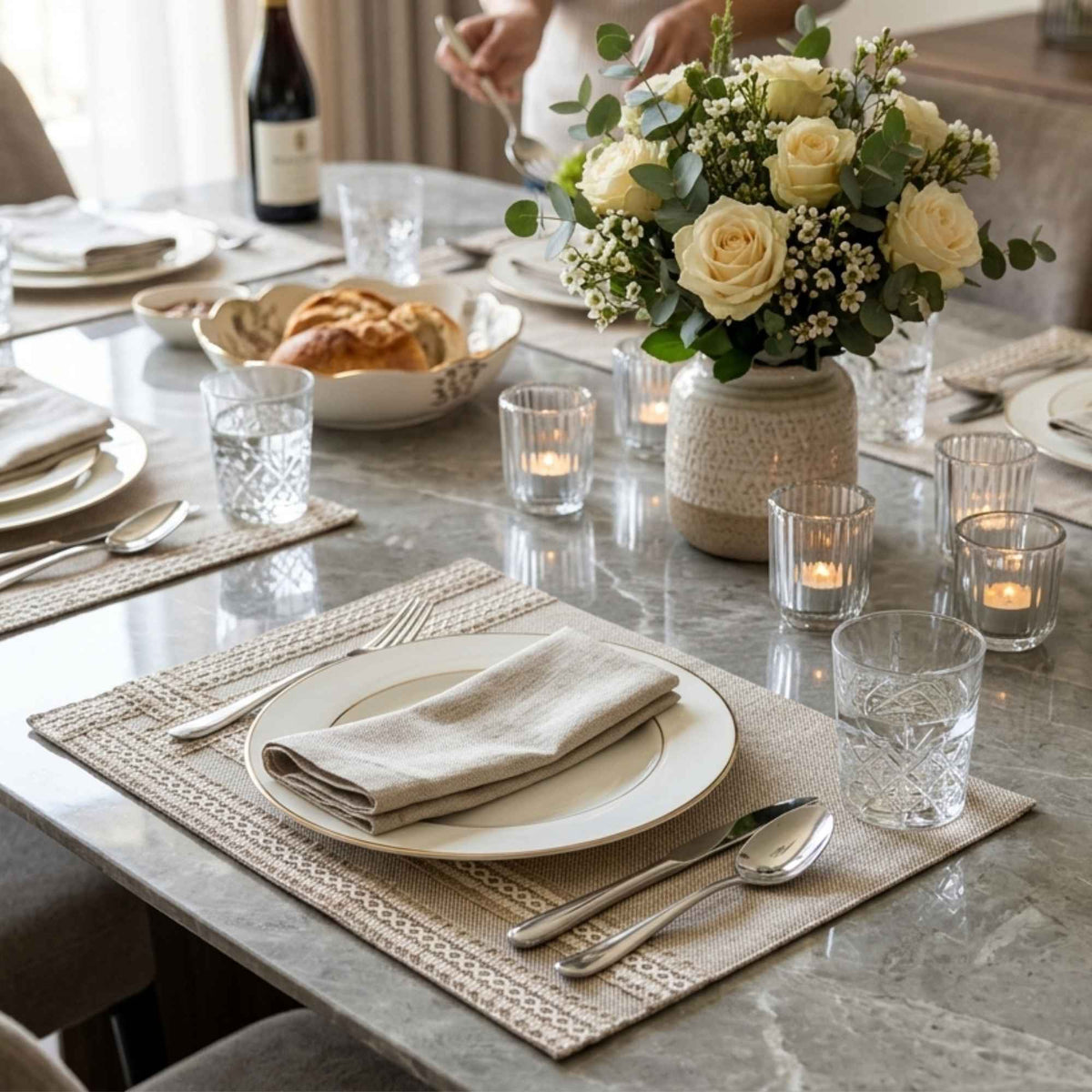 Jute laminated placemat set of 6 for an elegant dining table setting by Supper & Scene.