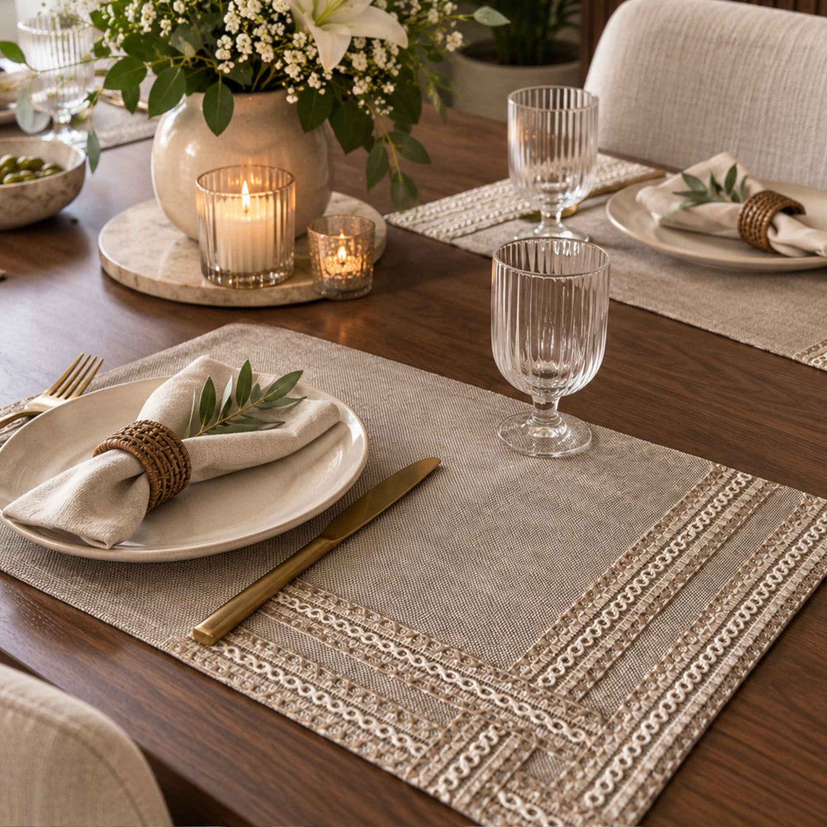 Jute laminated placemat set of 6 styled on a dining table by Supper & Scene.