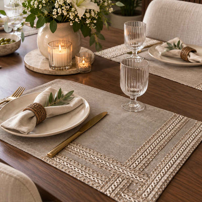 Jute laminated placemat set of 6 styled on a dining table by Supper & Scene.