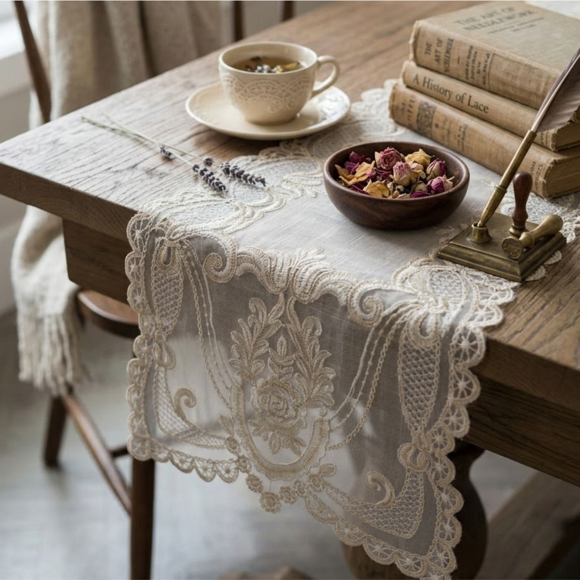 Ivory chandelier lace table runner 15x72 inch embroidered lace dining table runner with scalloped edges