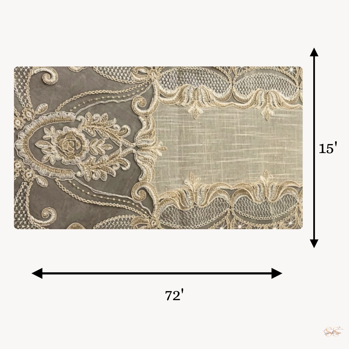 Ivory embroidered chandelier lace table runner styled on wooden table vintage lace table decor