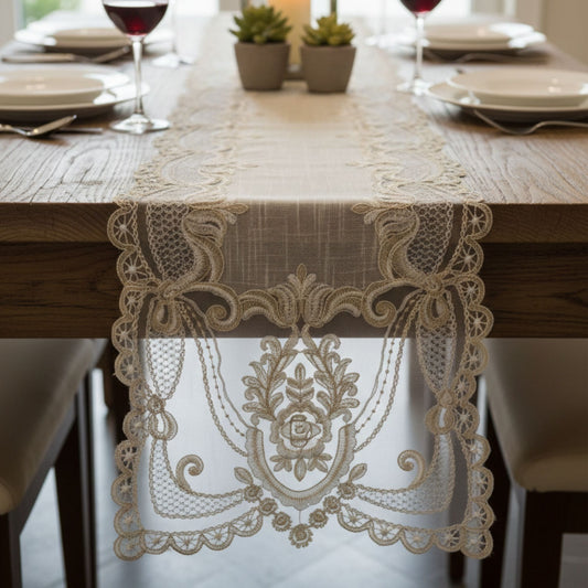Ivory chandelier lace embroidered table runner on wooden dining table elegant lace dining table decor