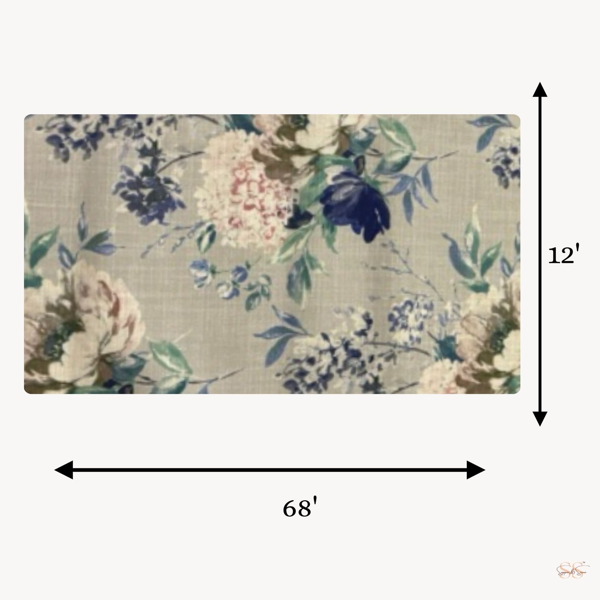 Blue floral printed table runner 12x72 inch botanical dining table runner with lace border