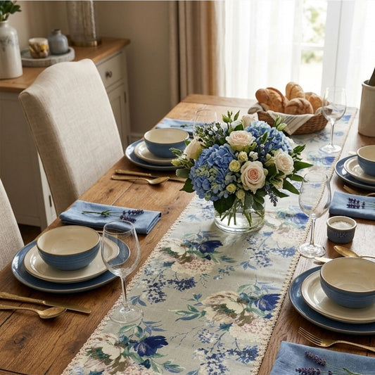 Blue floral printed table runner styled on dining table with plates and centerpiece botanical table decor