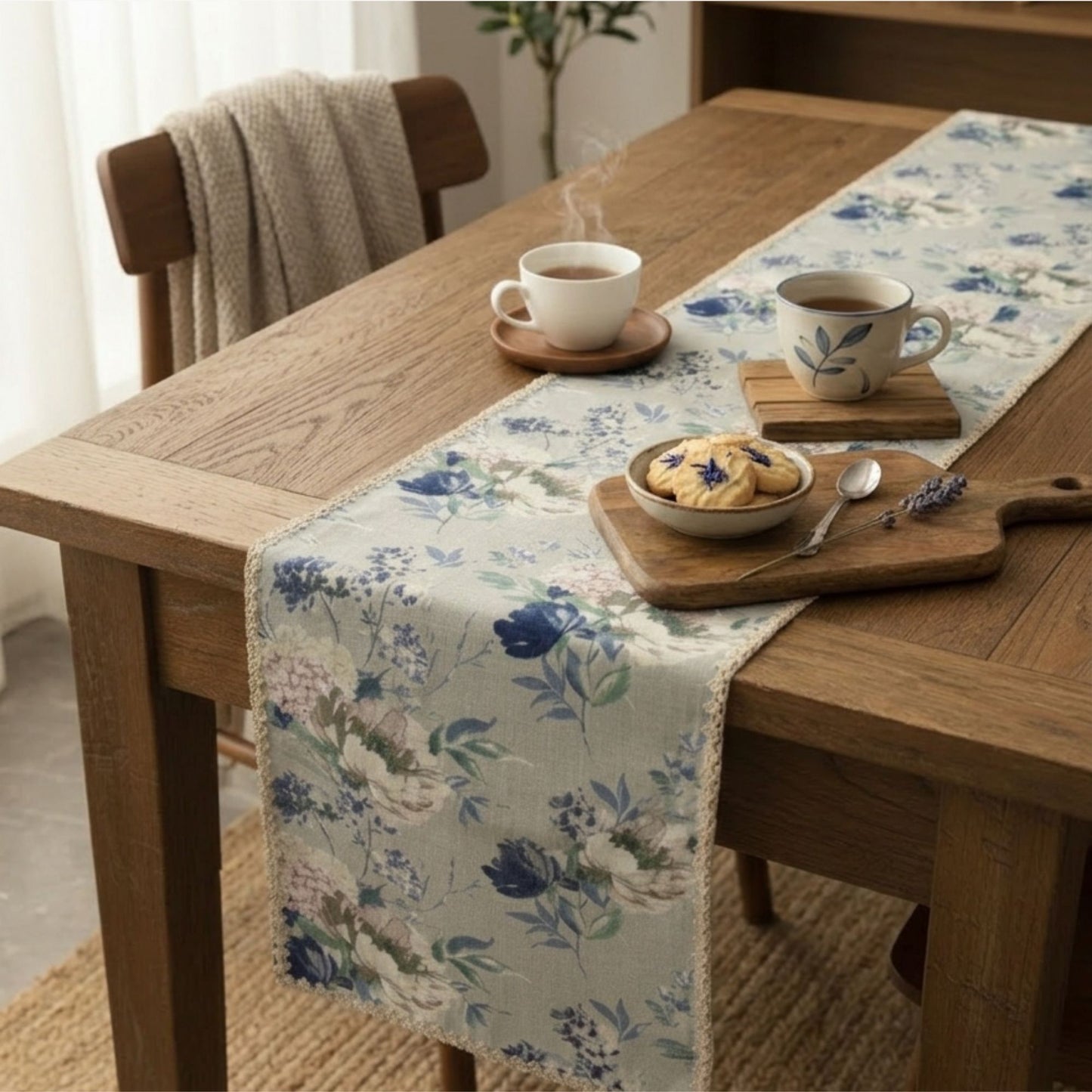 Blue floral printed table runner on wooden dining table botanical dining table decor with lace edging