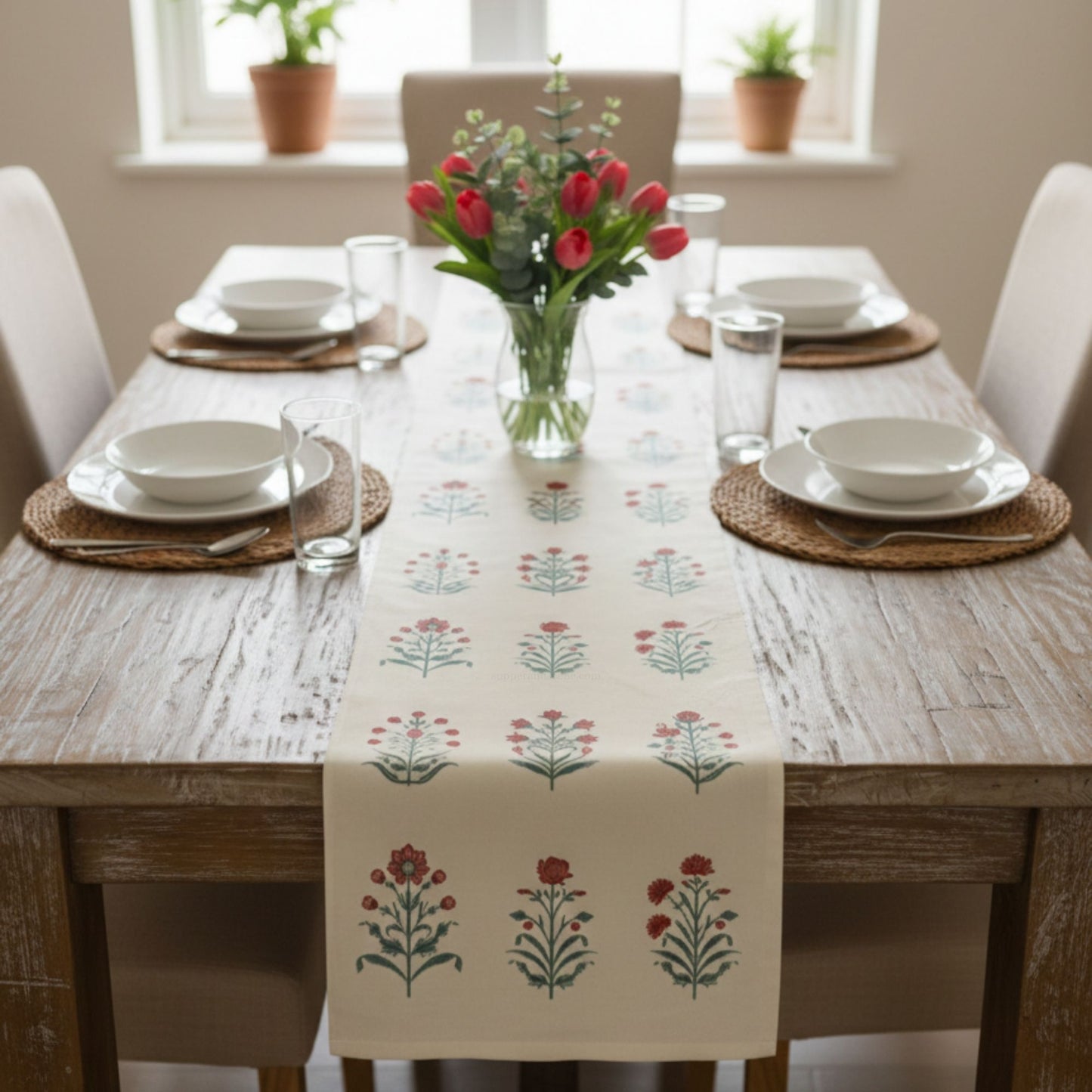 Floral printed velvet table runner on dining table cream runner with red botanical pattern dining table decor