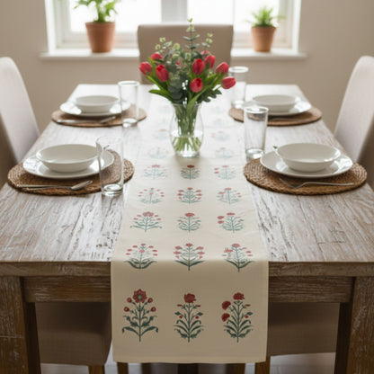 Floral printed velvet table runner on dining table cream runner with red botanical pattern dining table decor