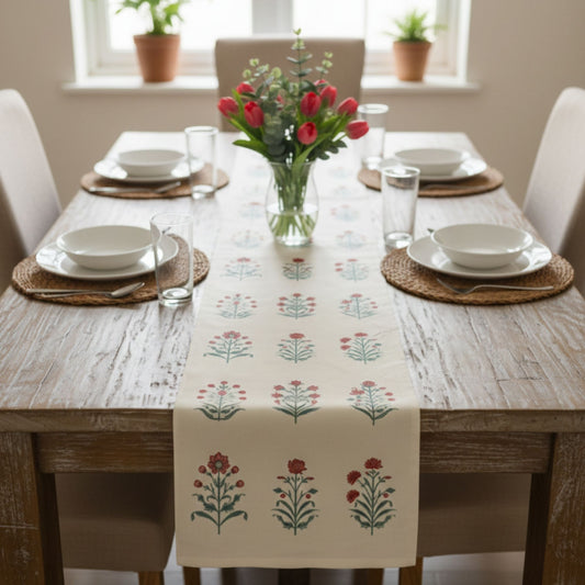 Floral printed velvet table runner on dining table cream runner with red botanical pattern dining table decor