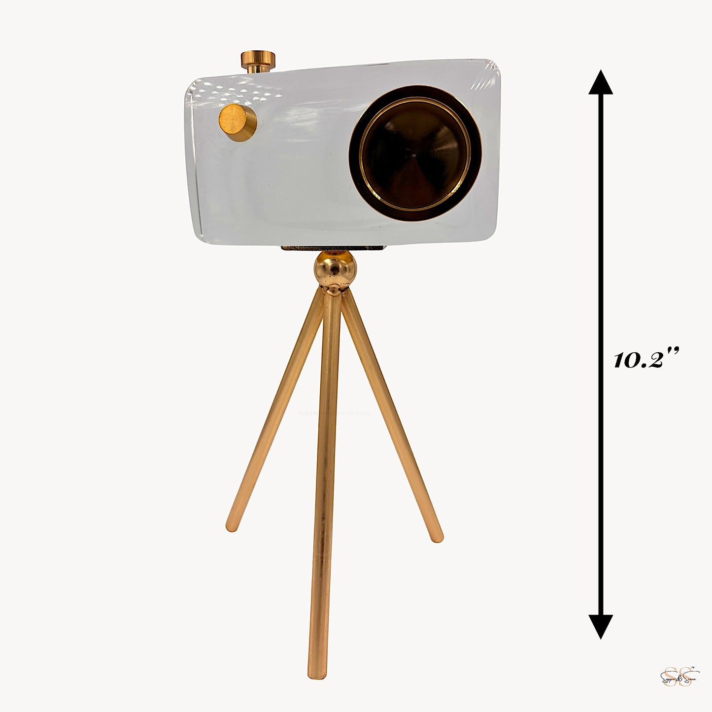 Full-height view of the decorative crystal camera showpiece featuring gold accents and tripod base by Supper & Scene