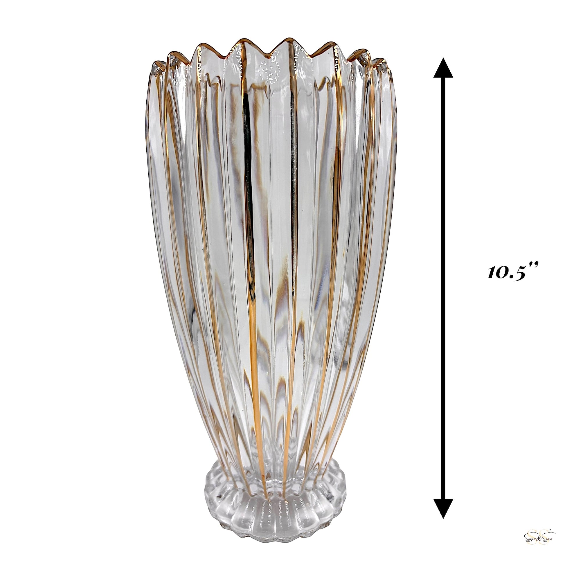 Full view of a tall clear glass vase with gold-trimmed ribbed design, scalloped rim, fluted base, and 10.5-inch height measurement by Supper & Scene.