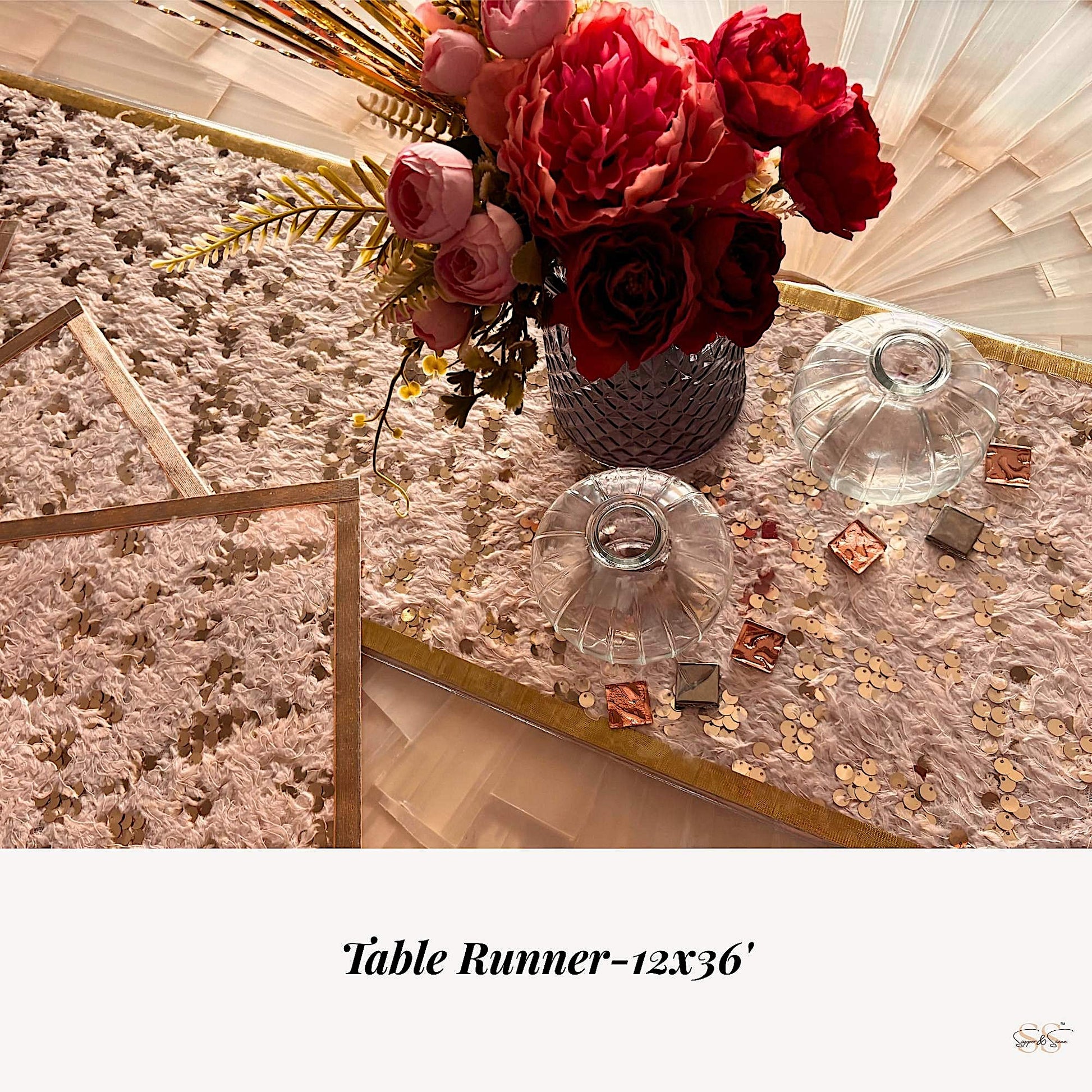 Champagne-gold textured table runner with sequins for luxury dining décor by Supper & Scene.