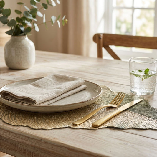 Gold metallic leaf-shaped placemat for dining table place settings by Supper & Scene.