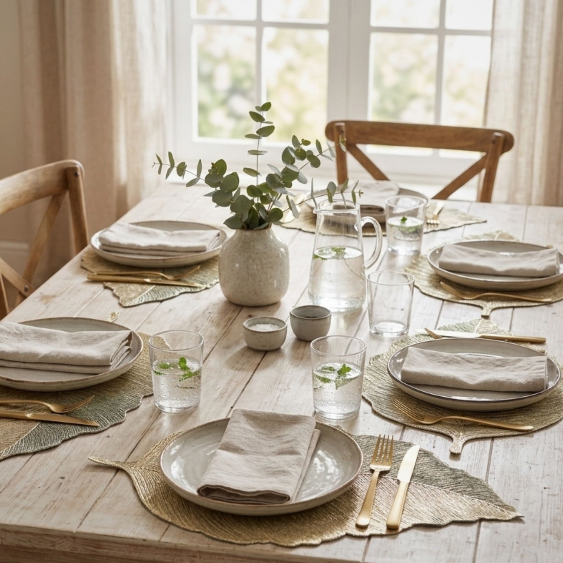 Gold metallic leaf-shaped placemat for elegant and festive dining table decor by Supper & Scene.