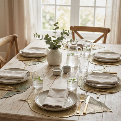 Gold metallic leaf-shaped placemat for elegant and festive dining table decor by Supper & Scene.