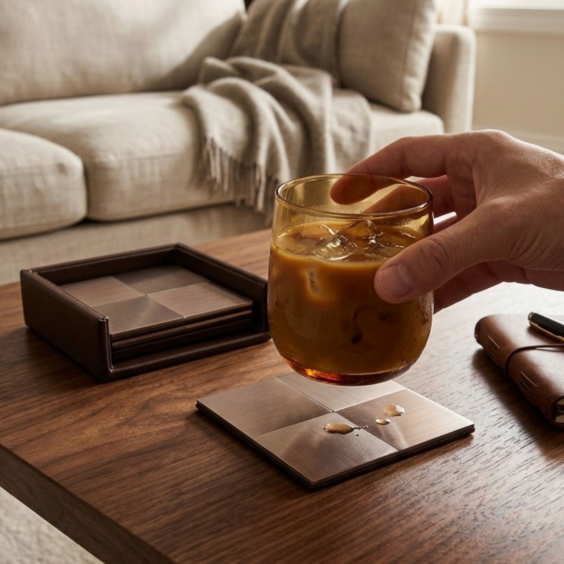 Rose gold metallic square coaster for coffee table drinks and entertaining by Supper & Scene.