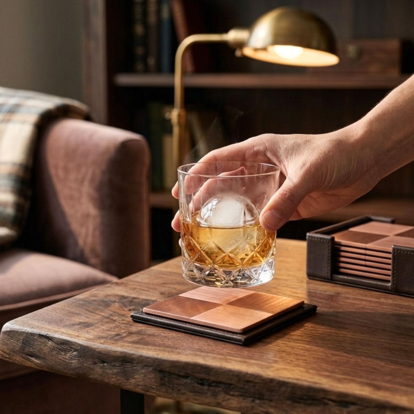 Rose gold metallic square coaster for side table drinks and tabletop styling by Supper & Scene.