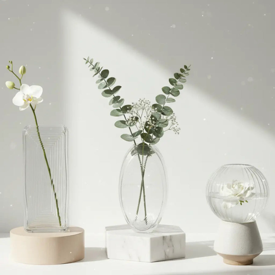 Three decorative vases with plants on a light surface against a white background