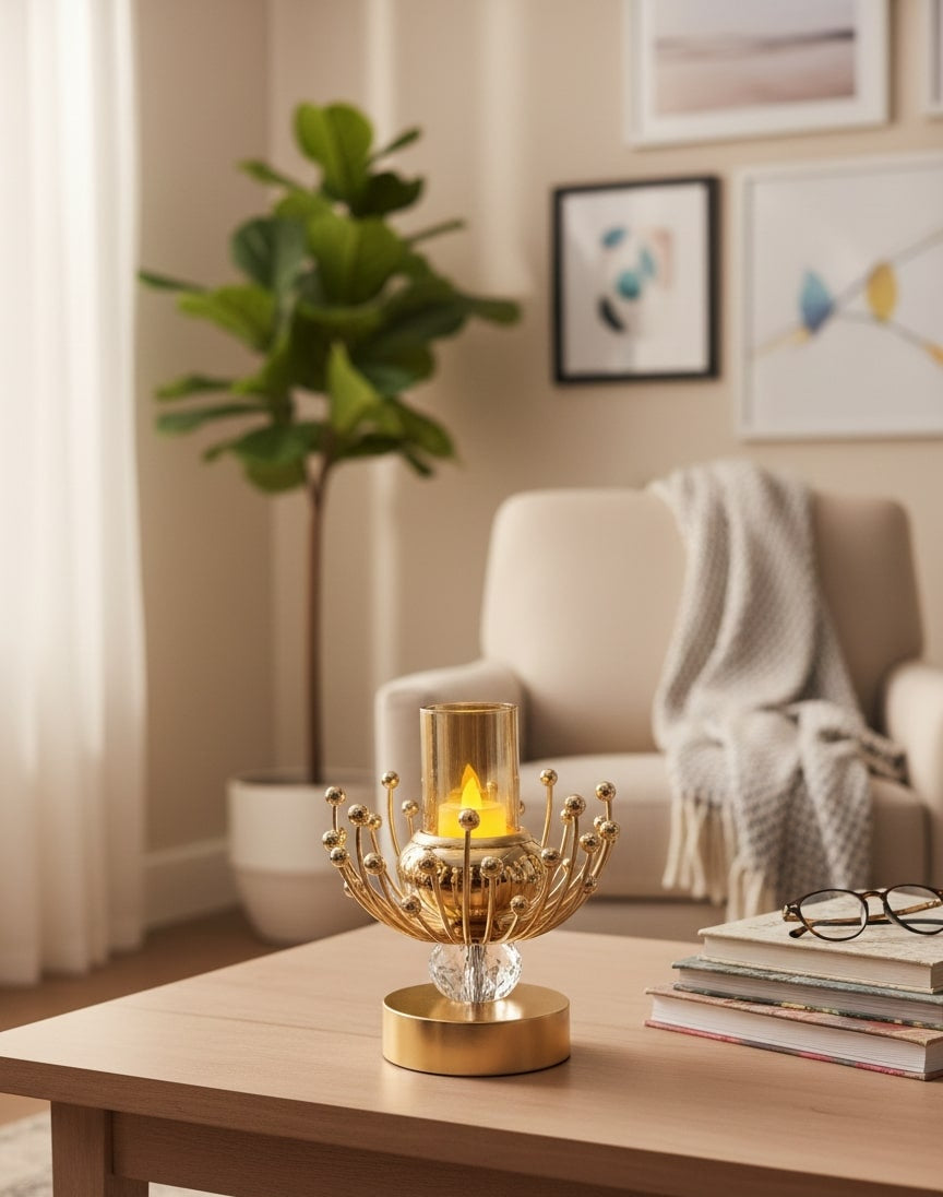 Decorative candle holder on a coffee table in a living room setting