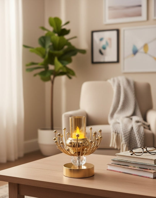Decorative candle holder on a coffee table in a living room setting