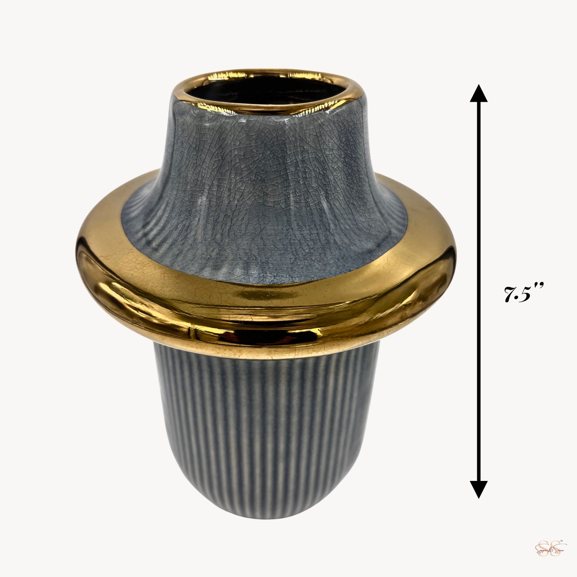 7.5-inch blue ceramic vase with glossy gold detailing for centrepieces and décor by Supper & Scene.