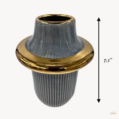 7.5-inch blue ceramic vase with glossy gold detailing for centrepieces and décor by Supper & Scene.