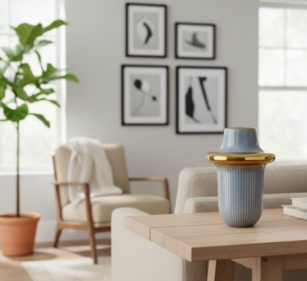 decorative vase on a coffee table in a living room by supper and scene