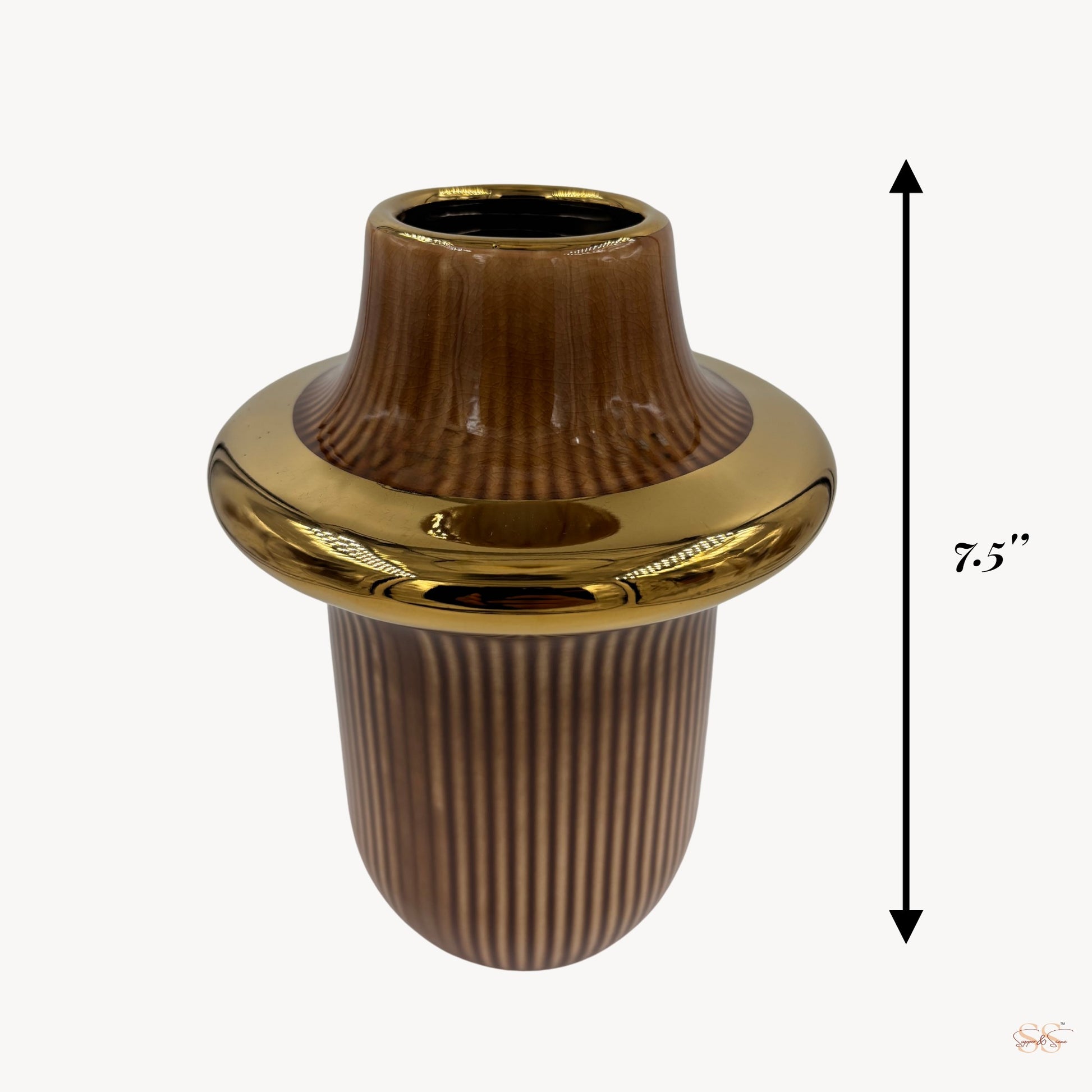 7.5-inch brown ceramic vase with glossy gold detailing for centrepieces and décor by Supper & Scene.