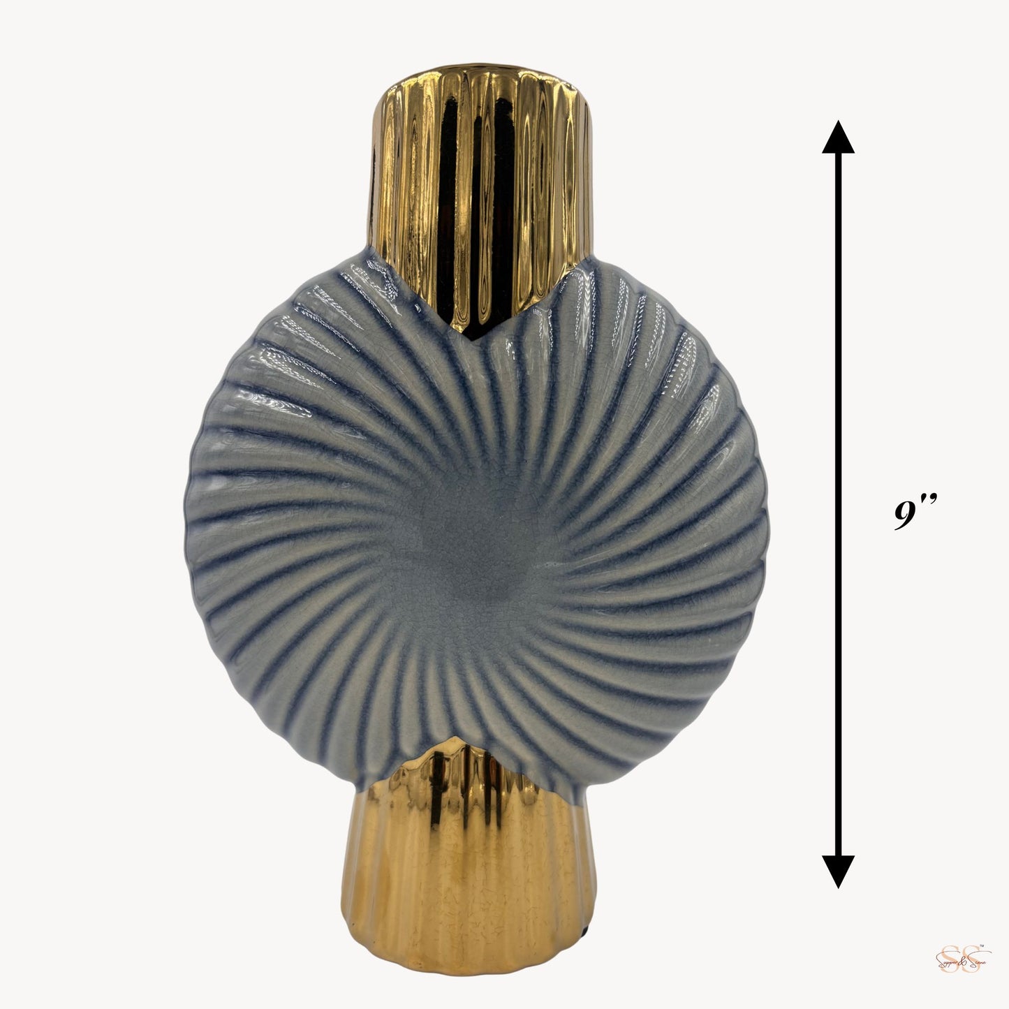 front view of a 9-inch brown seashell vase featuring a textured radial pattern and gold top and base by supper and scene.