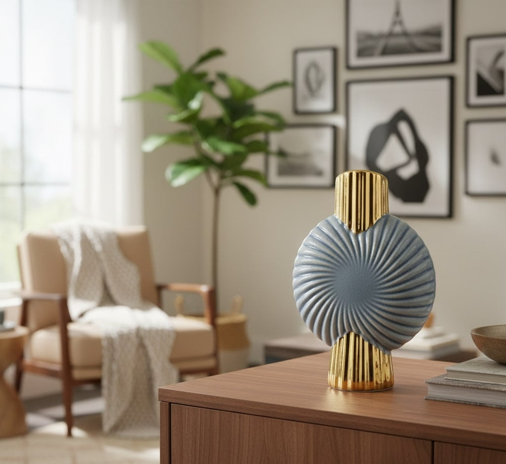 decorative gold vase on a coffee table with a blurred living room background by supper and scene