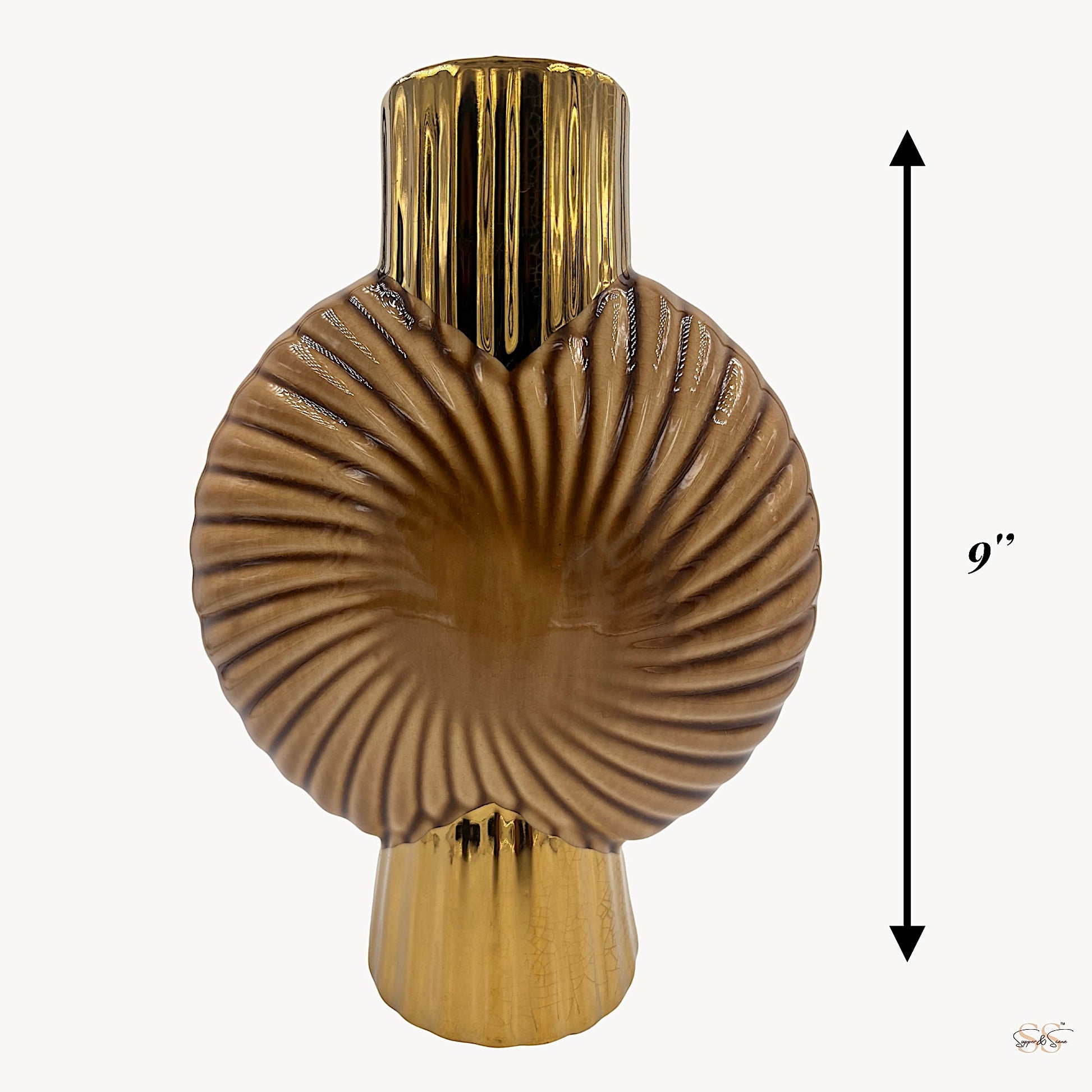 front view of a 9-inch brown seashell vase featuring a textured radial pattern and gold top and base by supper and scene.
