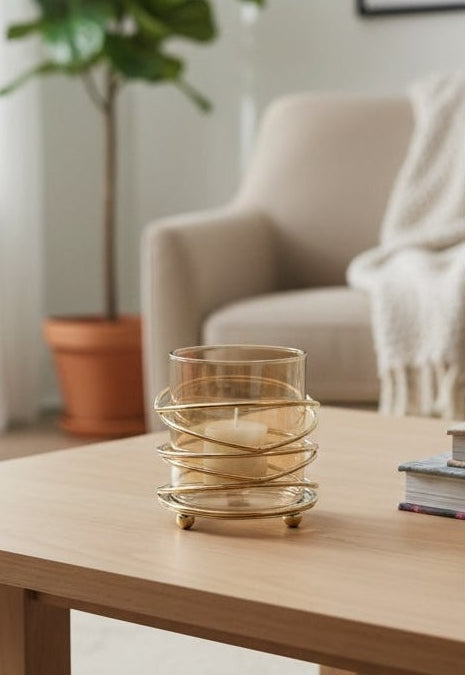 Living room with a coffee table, candle holder, and plant