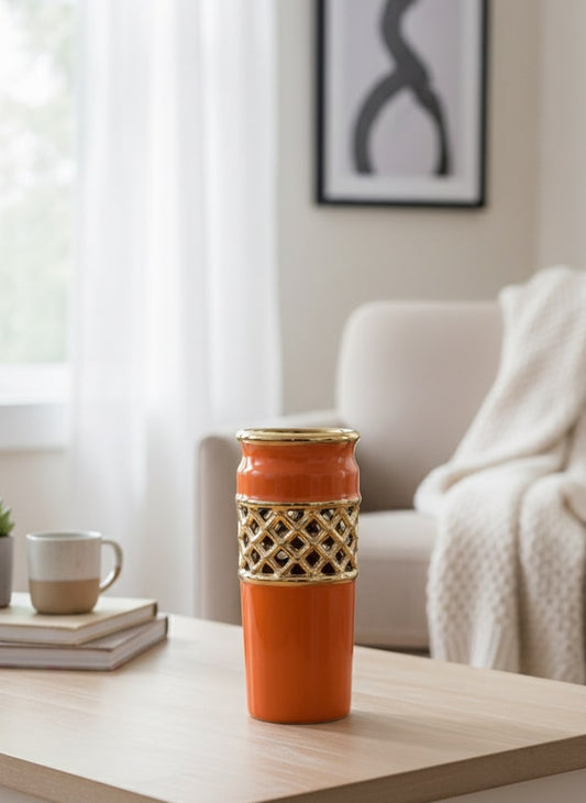 Orange vase with lattice design on a wooden table in a living room by supper and scene
