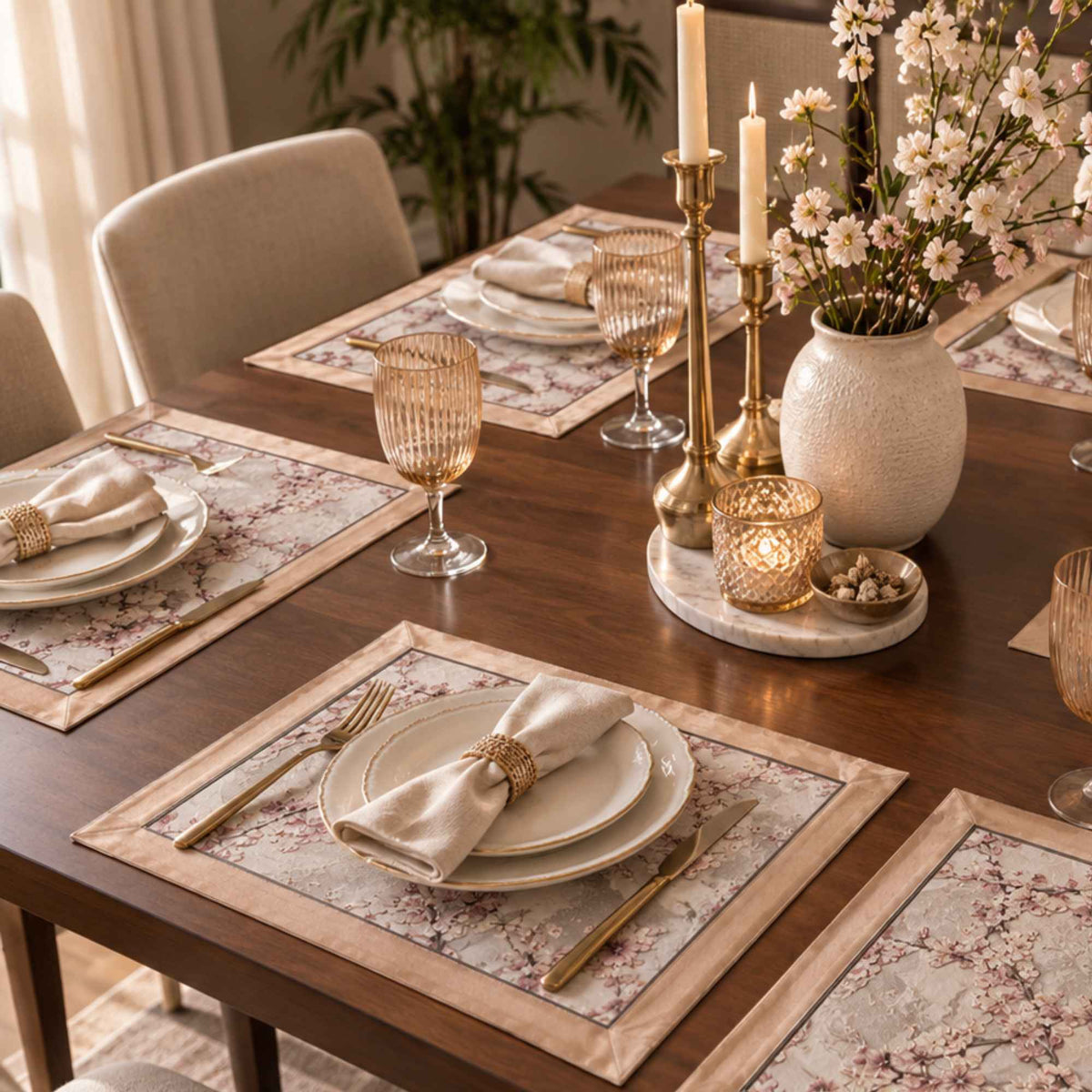 Pink floral laminated placemat set of 6 for an elegant dining table setting by Supper & Scene.