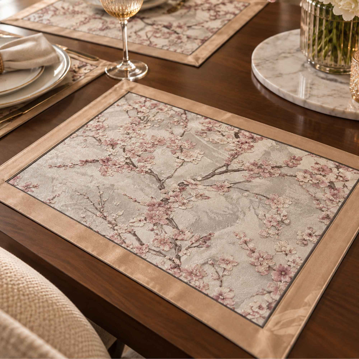 Pink floral laminated placemat set of 6 styled on a dining table by Supper & Scene.