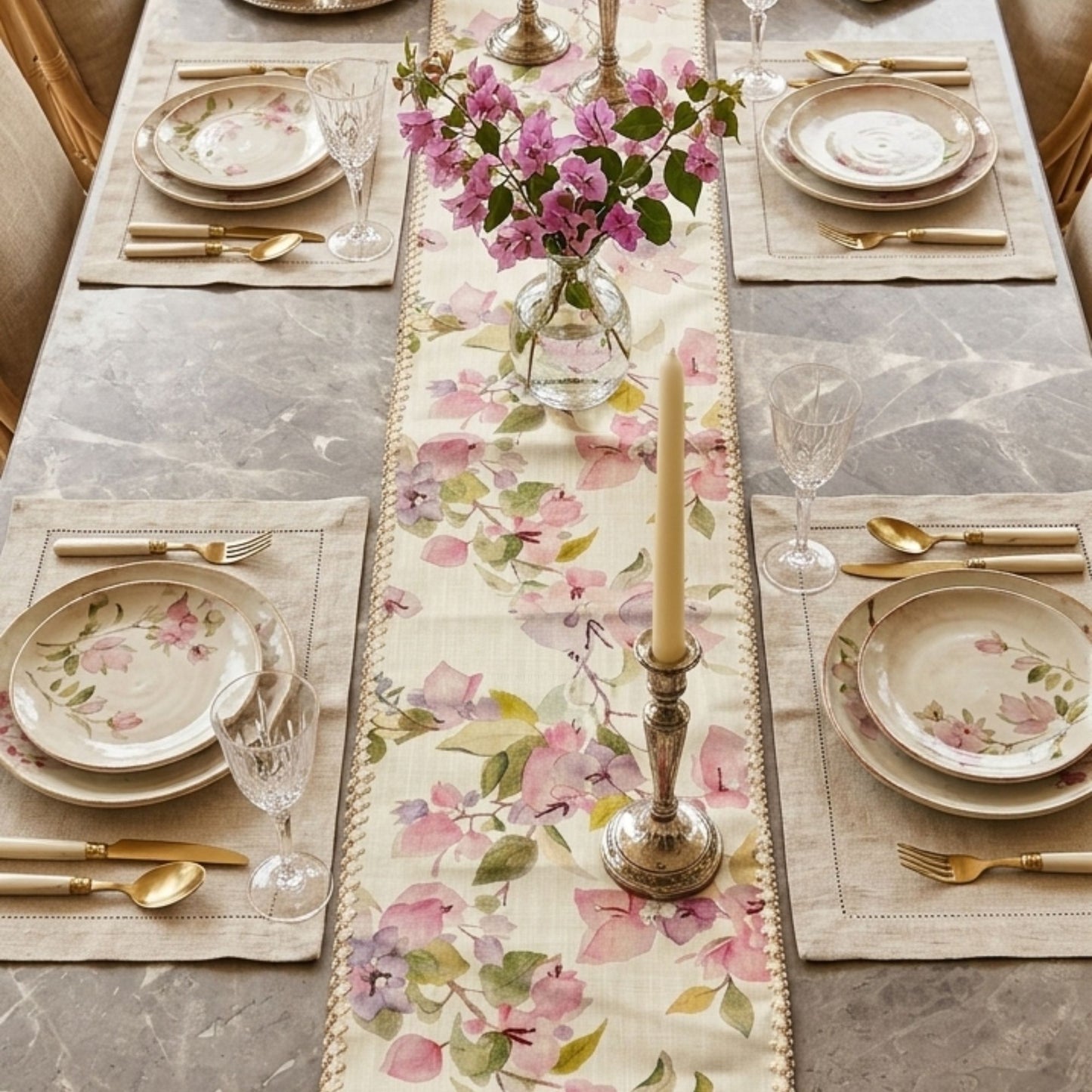 Pink floral printed table runner styled on modern dining table with glass dinnerware