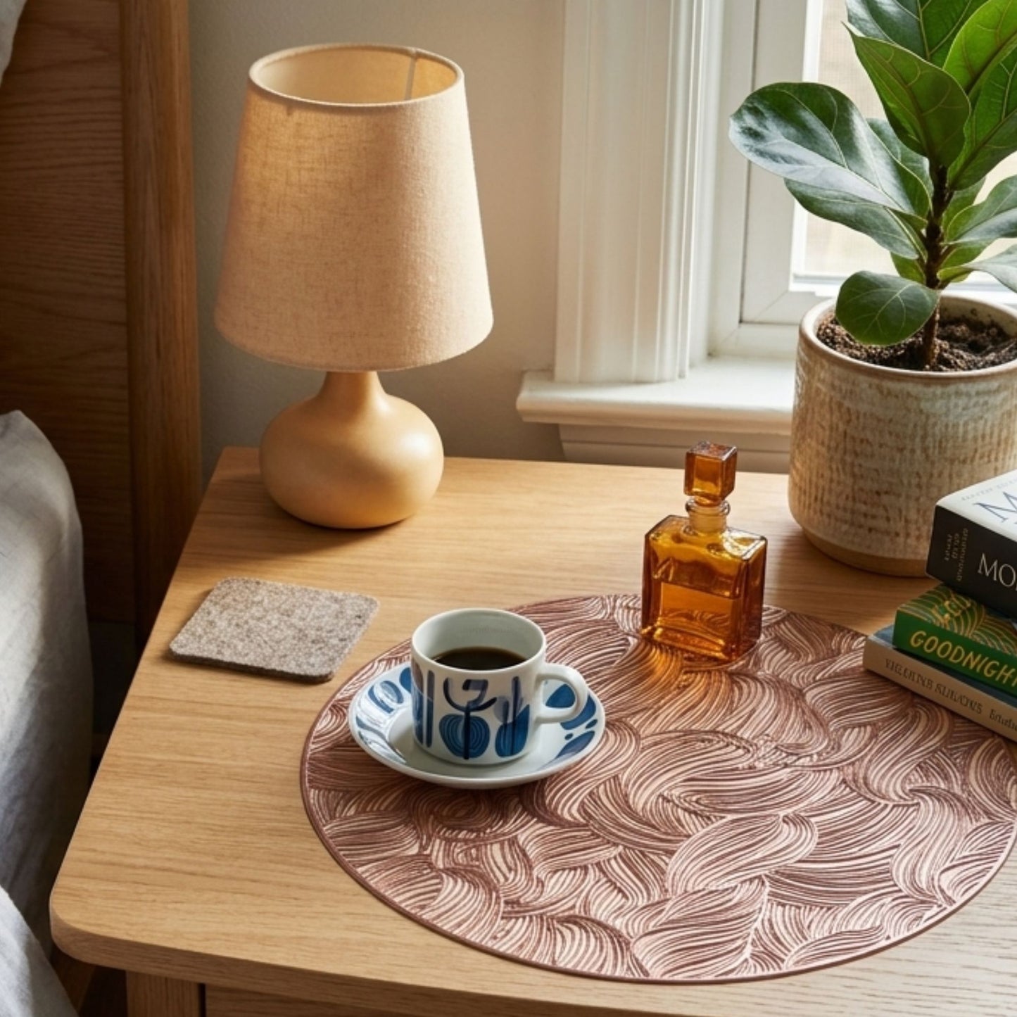 Rose gold PVC round cutwork side mat for side table styling by Supper & Scene.