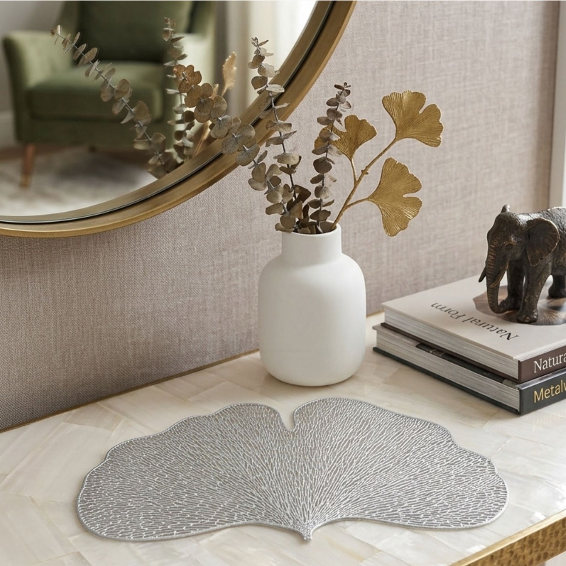Silver PVC ginkgo-shaped side mat for console table decor by Supper & Scene.