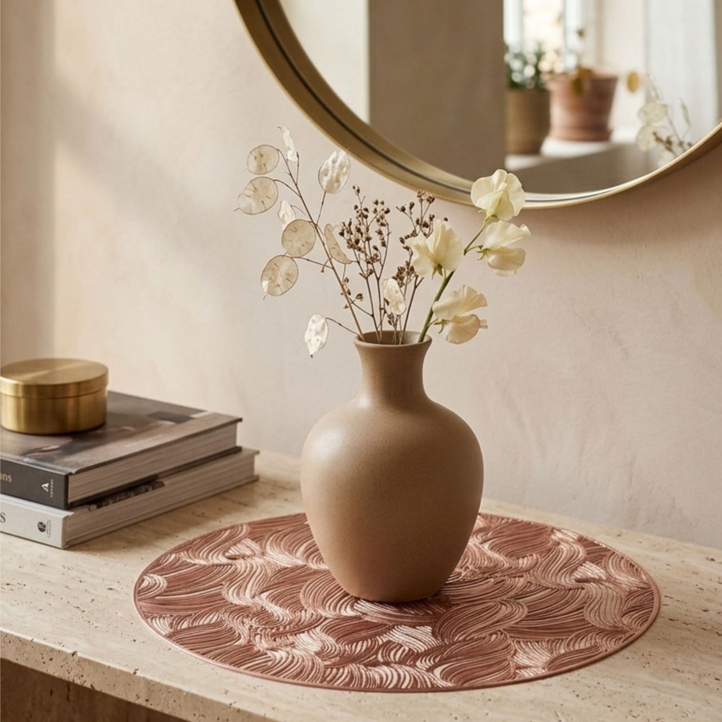 Rose gold PVC round cutwork side mat for console table decor by Supper & Scene.