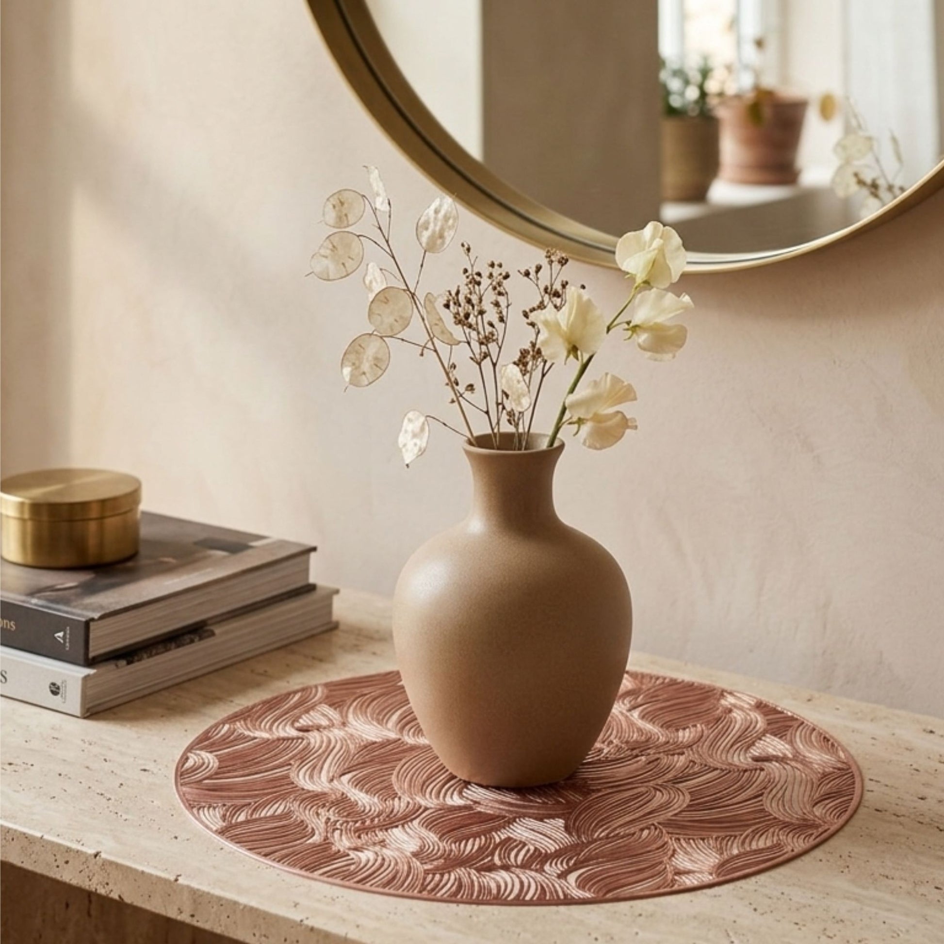 Rose gold PVC round cutwork side mat for console table decor by Supper & Scene.