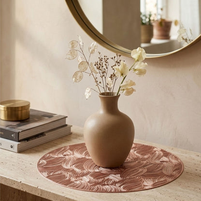 Rose gold PVC round cutwork side mat for console table decor by Supper & Scene.