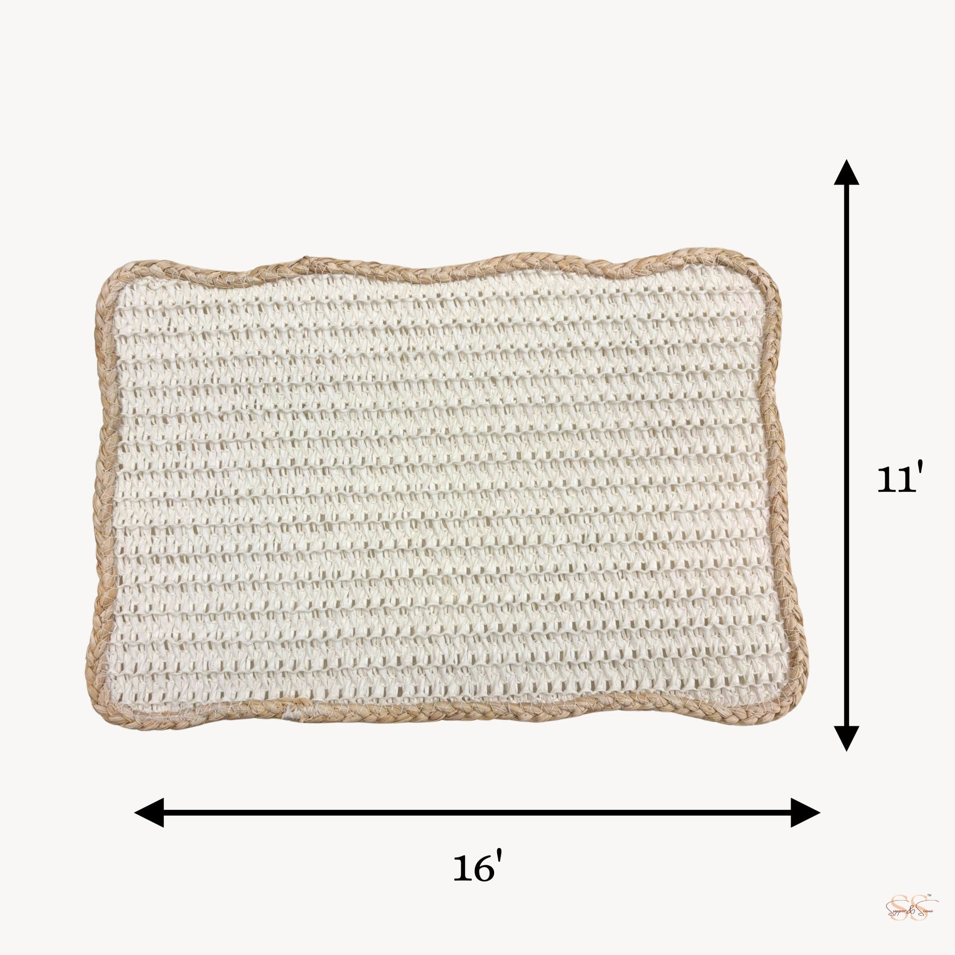 White rectangular jute side mat 11x16 inch woven placemat with natural jute border