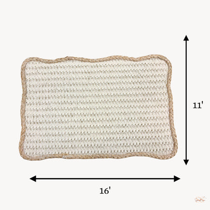 White rectangular jute side mat 11x16 inch woven placemat with natural jute border