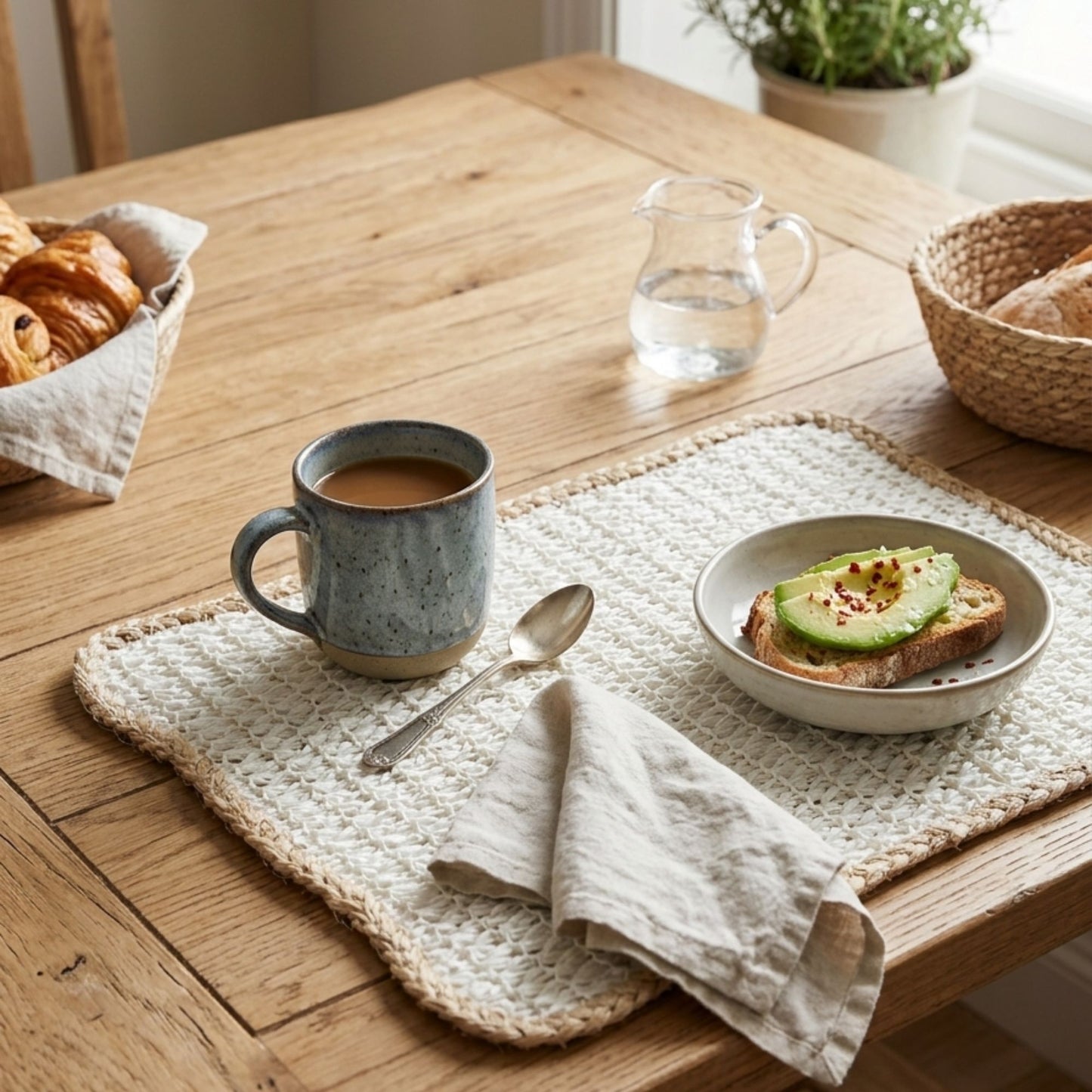 White rectangular jute placemat set of 2 woven table mat styled with mug and plate