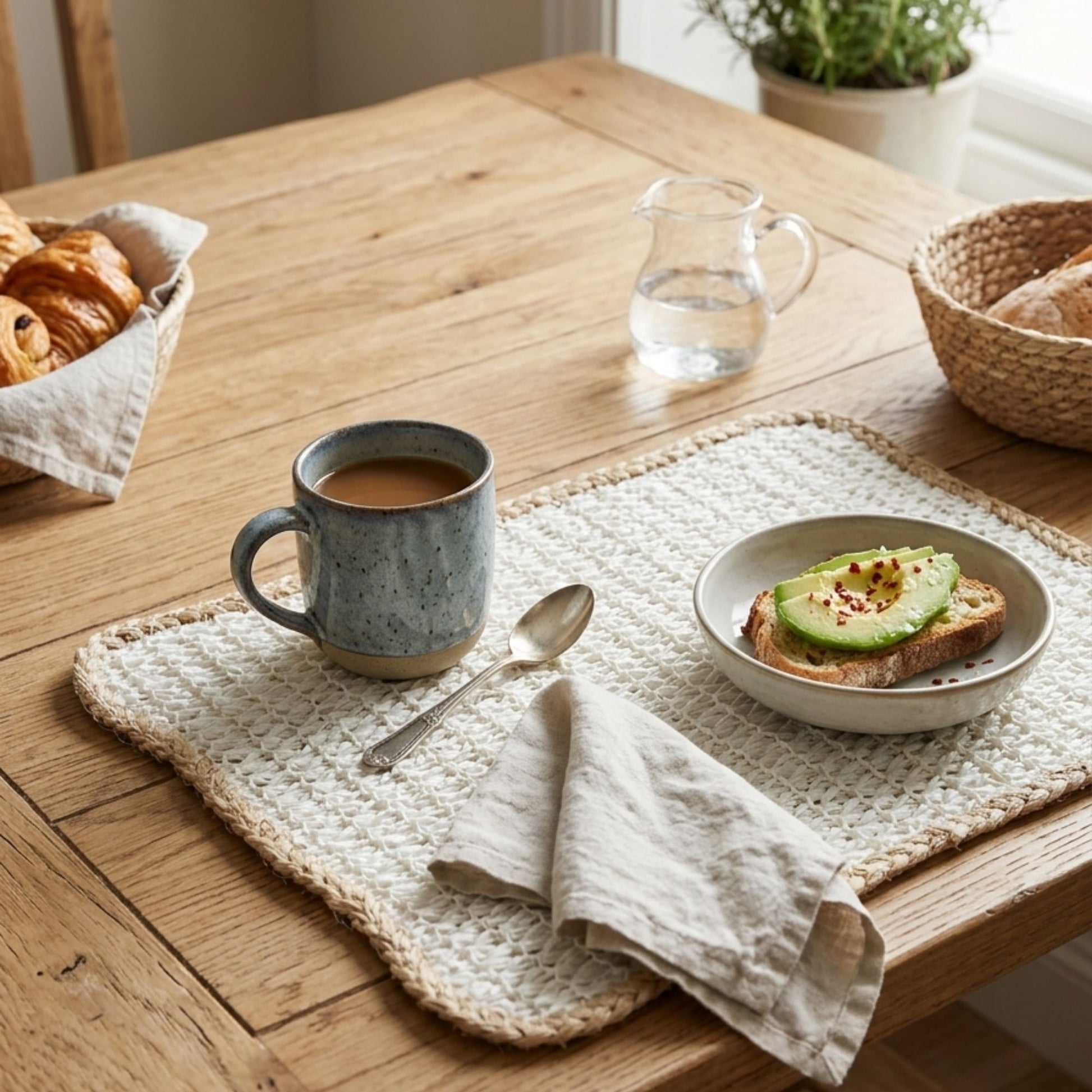 White rectangular jute placemat set of 2 woven table mat styled with mug and plate