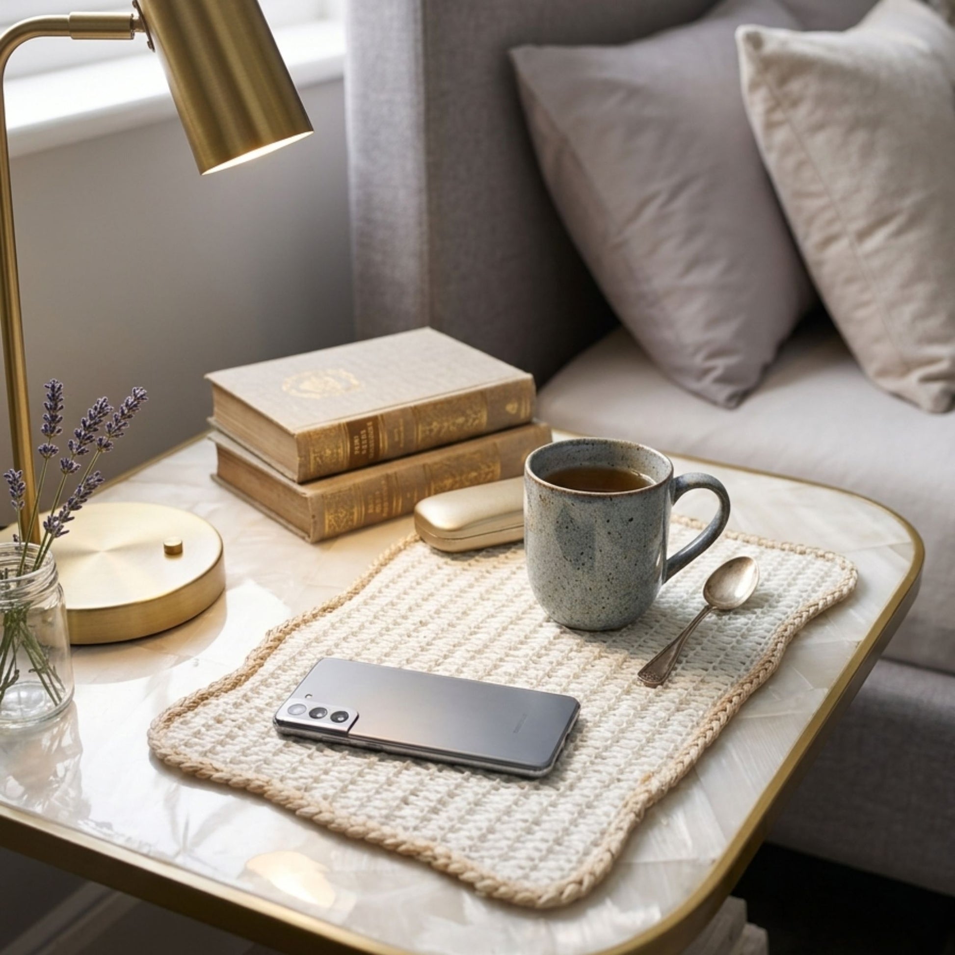 Rectangular white jute side mat set of 2 styled on bedside table with mug and books