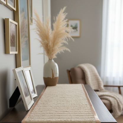 Short shimmer table runner on console 