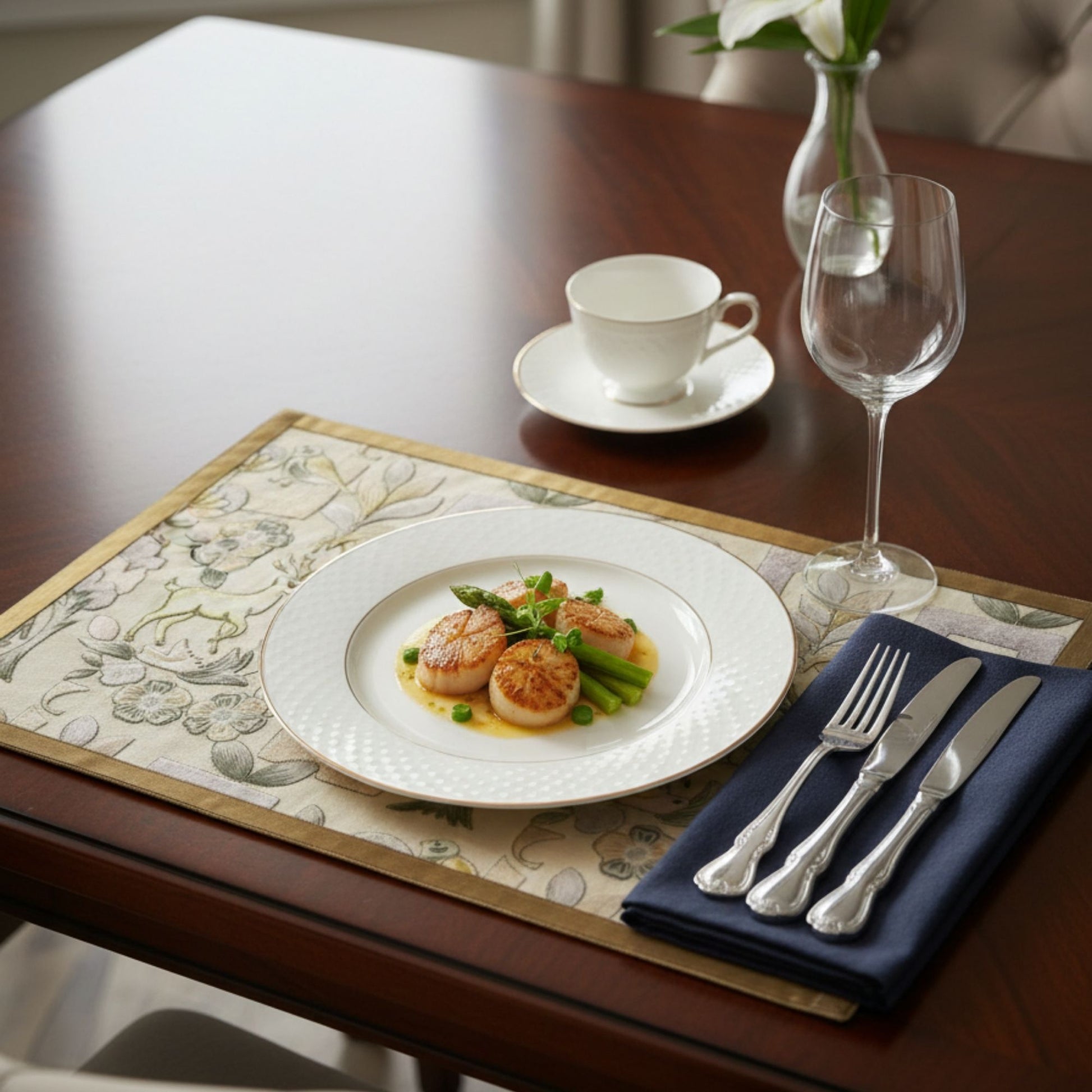 embroidery green table mat on dining table